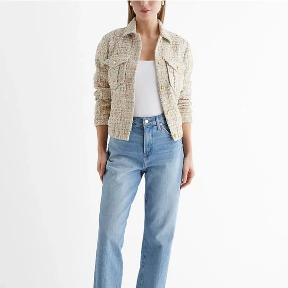 Sequin Tweed Novelty Button Cropped Bomber Jacket - Picture 3 of 8